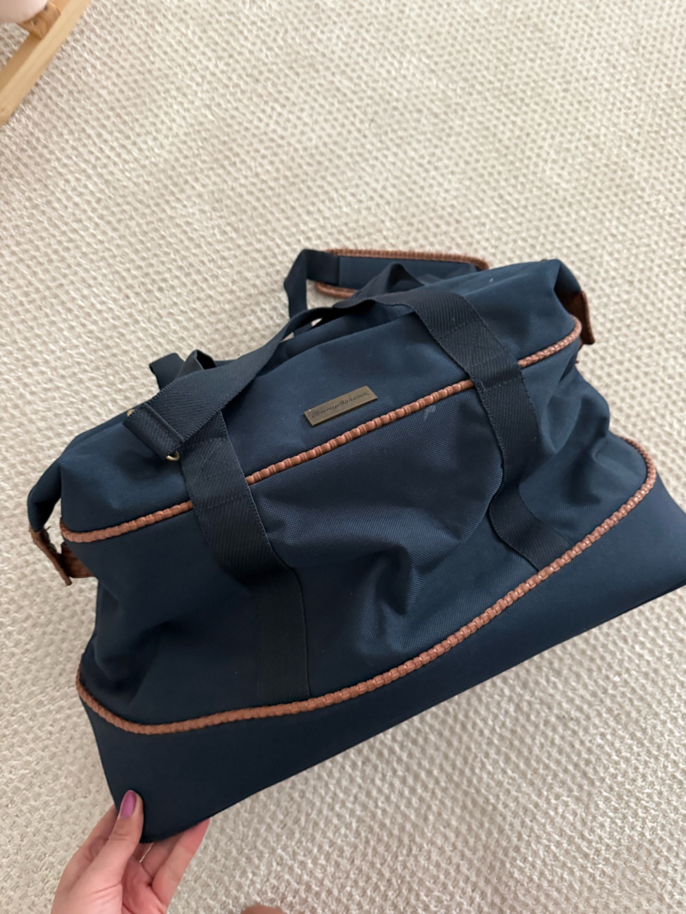 Navy and Brown Travel Duffel Bag